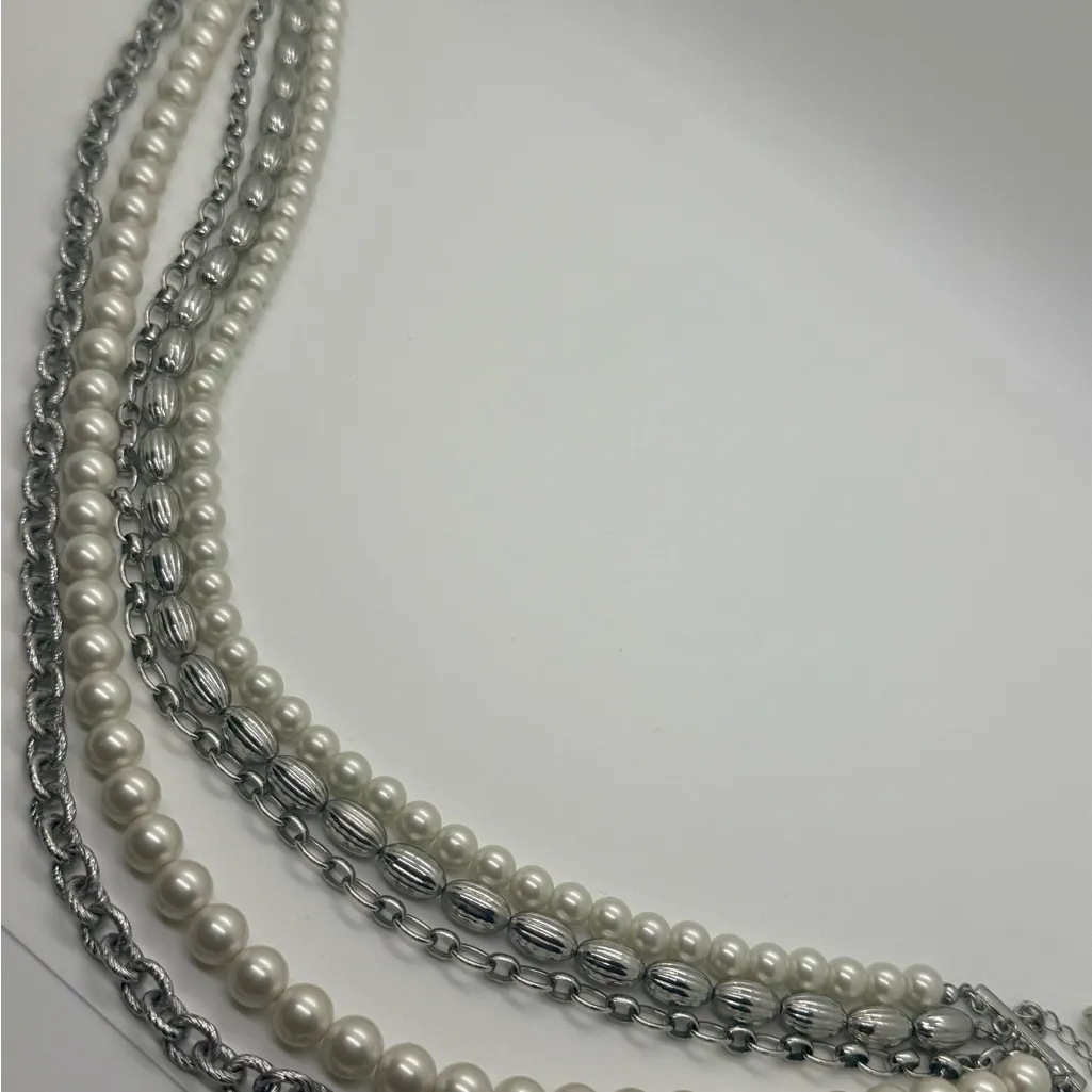 WHBM Chunky Layered Faux Pearl & Silvertone Chain Statement Bib Necklace - Image 4