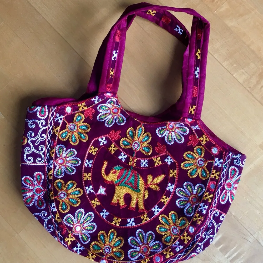 Embroidered Elephant Zipper Velvet Handbag, Maroon, Burgundy, Gold, Yellow Red - Image 12