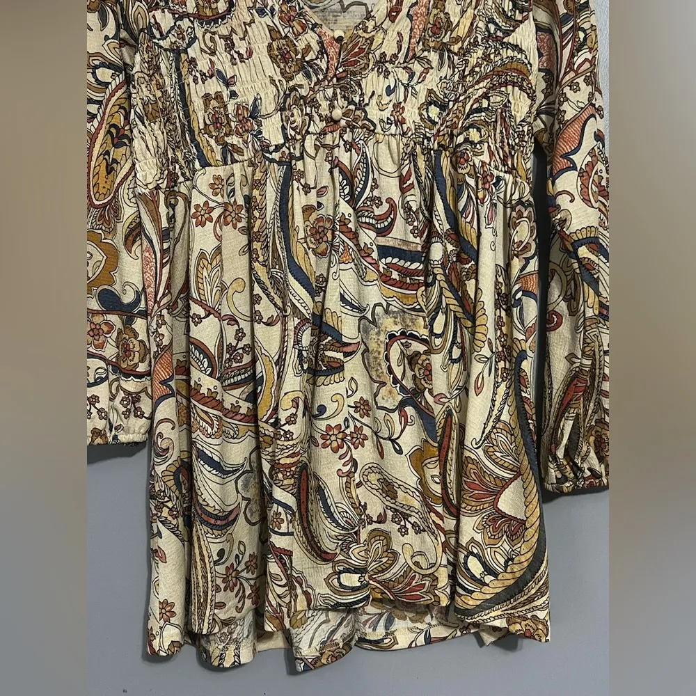Melloday Woman Dress/Tunic Medium Paisley Print Long Sleeve Smocked V deep neck - Image 2