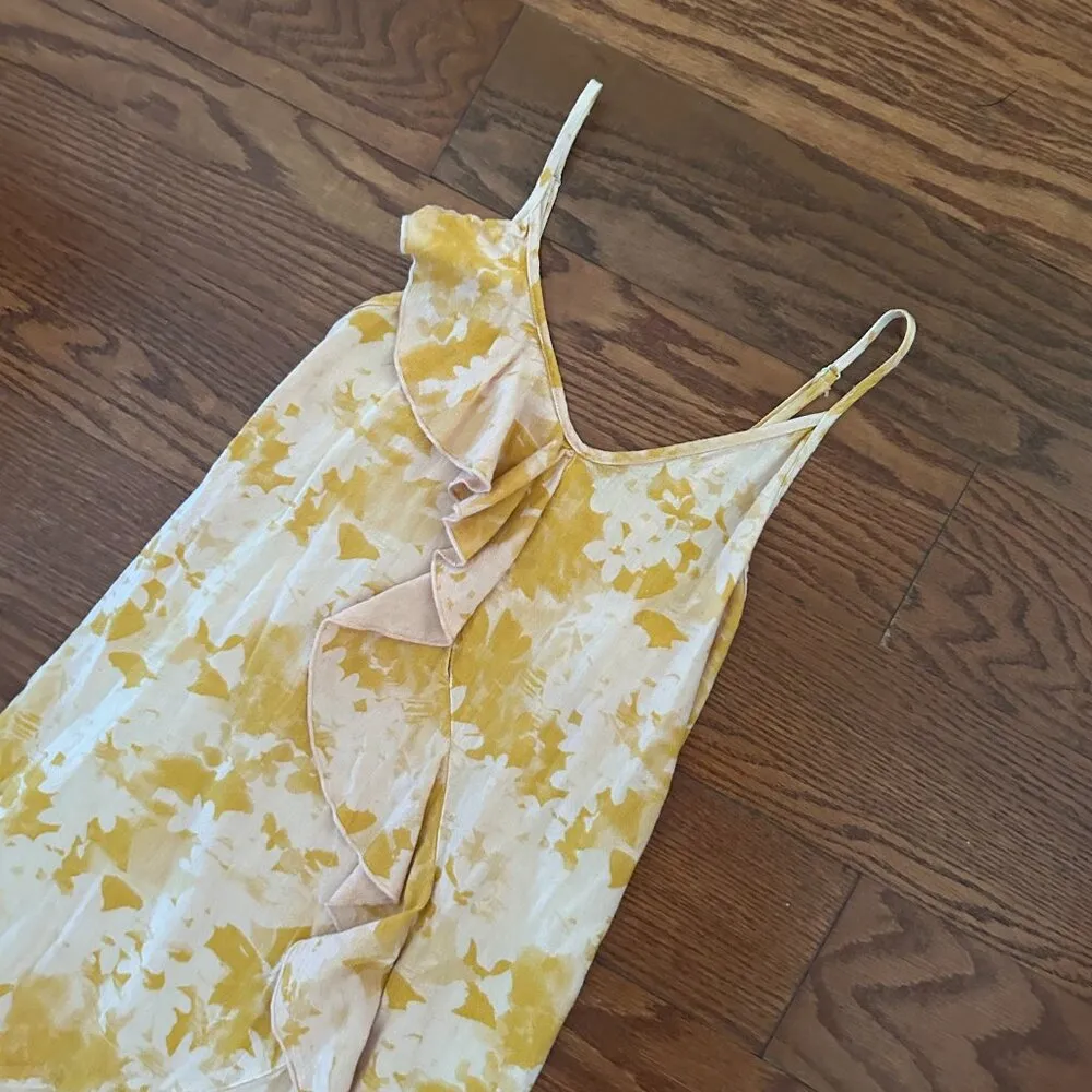 Self Contrast Linen Blend Flounce Detail Mini Slip Dress Size XS Ruffle Hem Yellow - Image 5