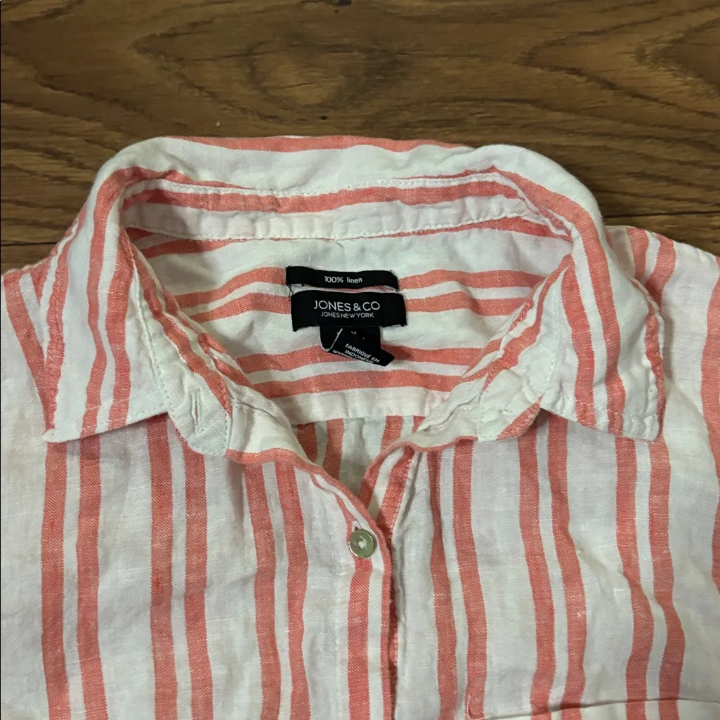 Jones & Co 100% Linen Pink Striped Button Down Long Sleeve Blouse Work Office White Size M - Image 2