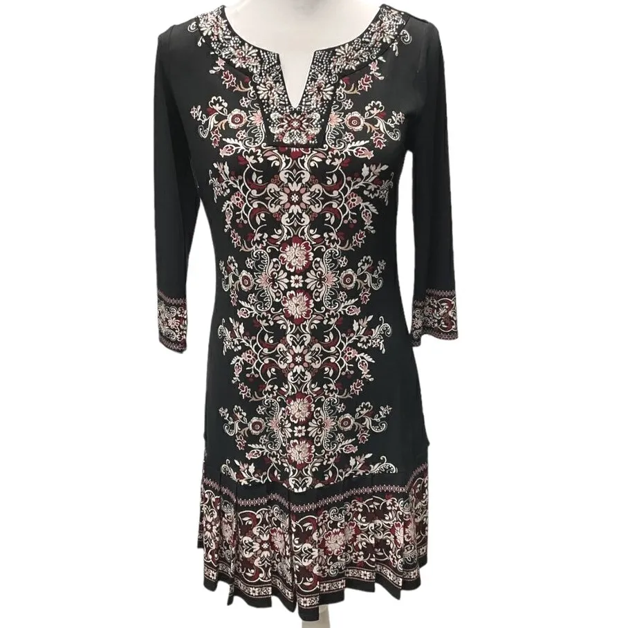 White House Black Market Embellished Shift Dress 3/4‎ Sleeve Pleat Hem Size XS - Image 3