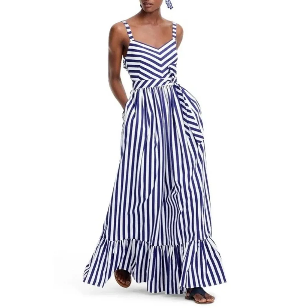NWT J.Crew Striped Ruffle Maxi in White Deep Orchid Belted Cotton Tank Dress 14 - Image 2