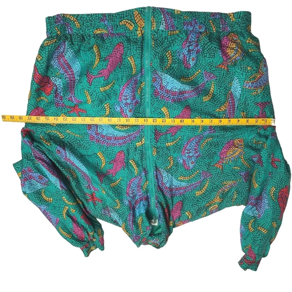 80s Lady‎ Bear Silk All Over Print Full Zip Bomber Jacket Green Plus Size 1X Vtg - Image 6