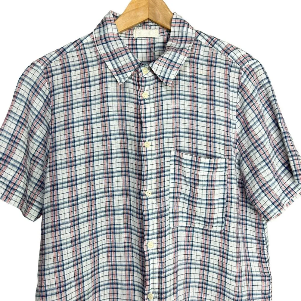 CP Shades Shirt Womens M Plaid Short Sleeve Button Up Tie Front Top 100% Linen - Image 3