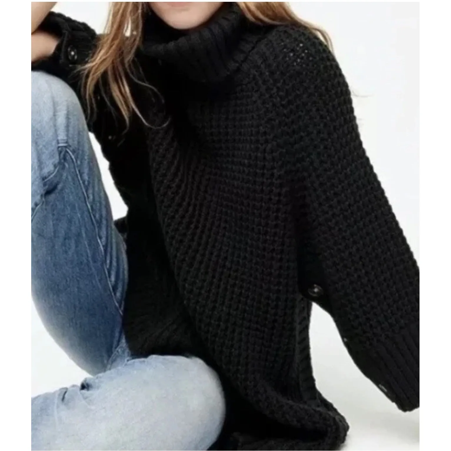 J.Crew Chunky Black Turtleneck Button Short Sleeve Knit Poncho Sweater XS Casual - Image 14