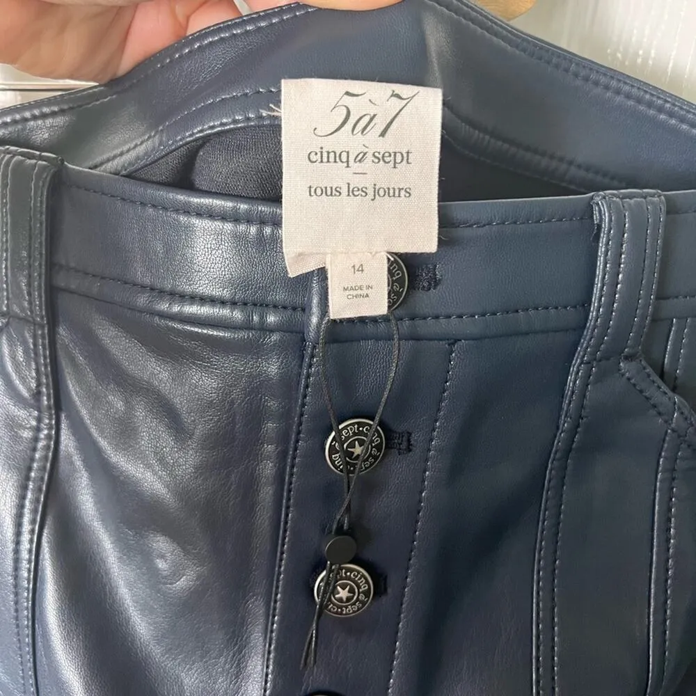 Cinq A Sept Benji Vegan Leather Cropped Seam Navy Flare Leg Pants 14 Blue - Image 11