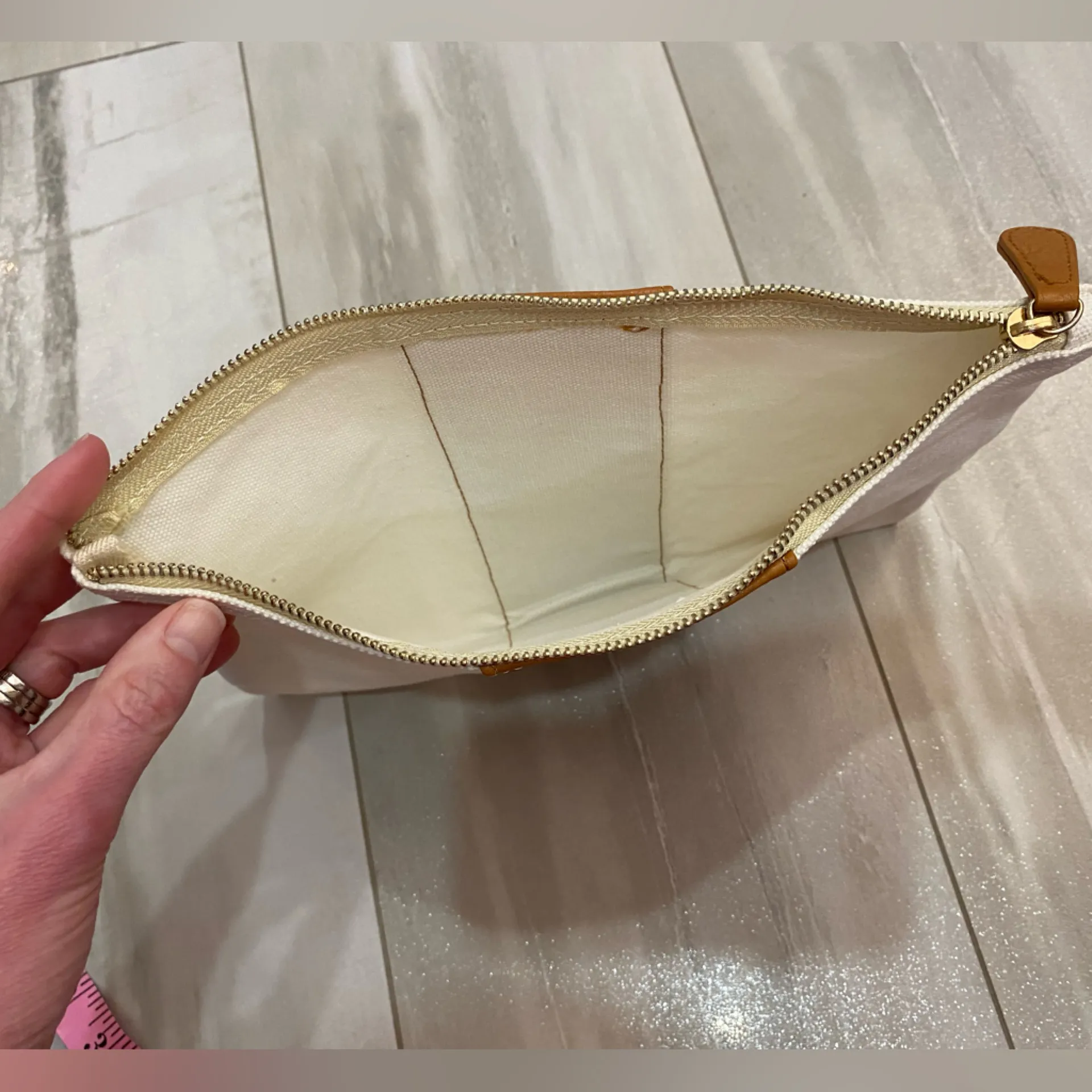 Gold L Initial Light Cream Canvas and Vegan Leather Pouch Set with Zip Closure White - Image 6