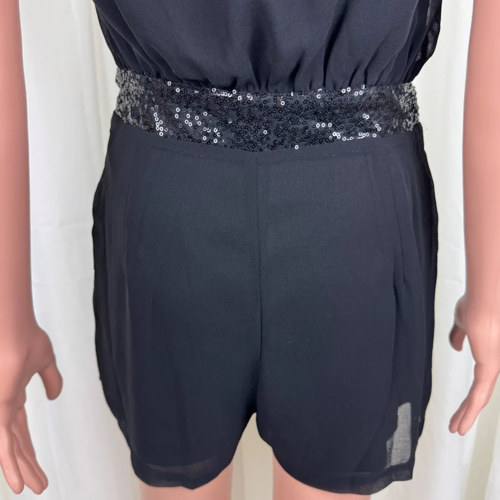 Women's TCEC Sequins Accent Ruched Shirred Chiffon Romper Size Medium Black - Image 12