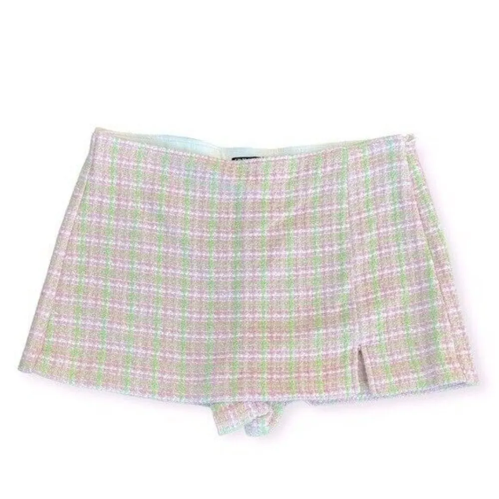 ZARA Tweed Micro Mini Pink Green Skort Size L NEW - Image 8