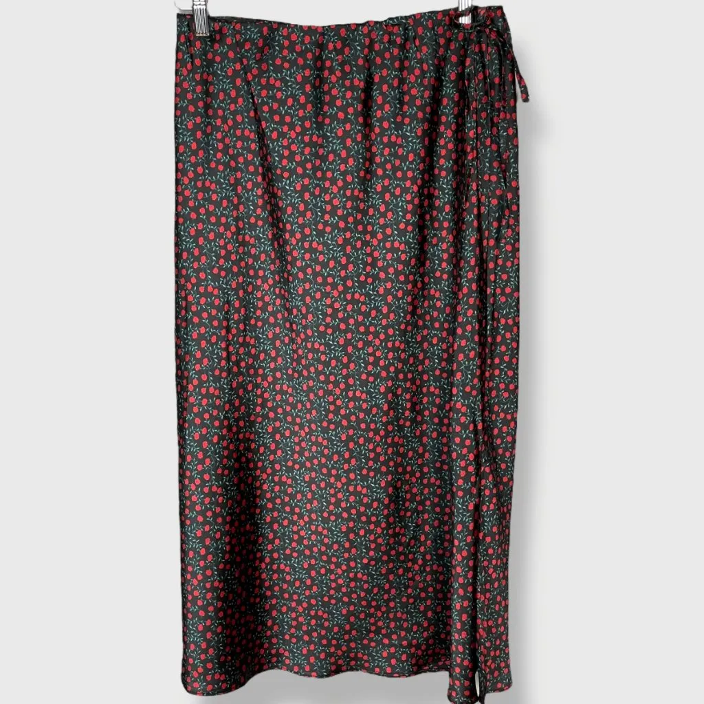 Dip Skirt Floral Print Midi Straight Rose Pattern Slit Black Red Medium Women - Image 3