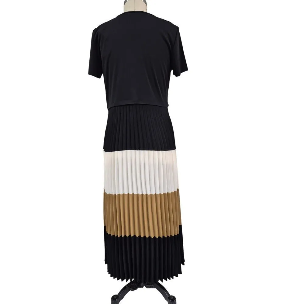 NWT $158. KARL LAGERFELD PARIS pleated skirt dress Blk/Tan/Cream Sz L Black Size L - Image 2