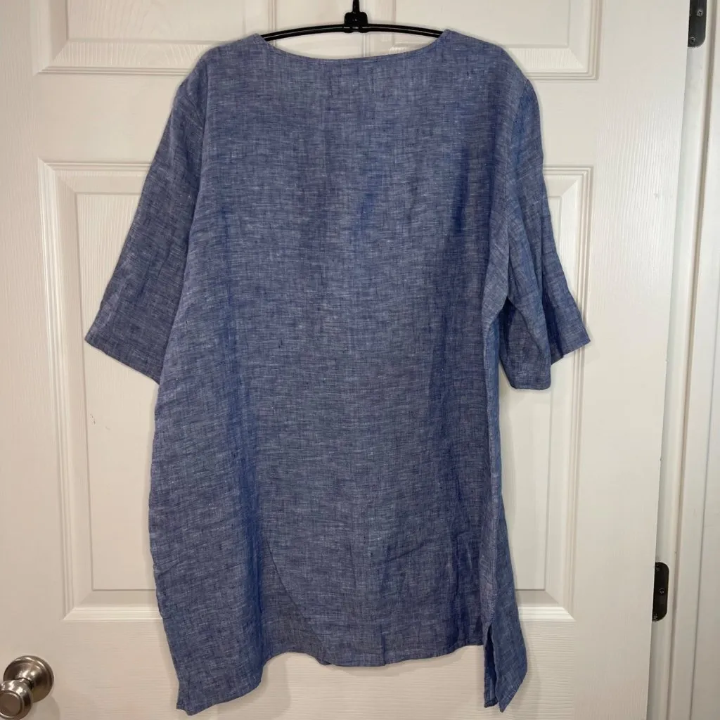 Andrea Jovine Linen Tunic Top Women's Size Large Relaxed Chambray Blouse Beachy - Image 3