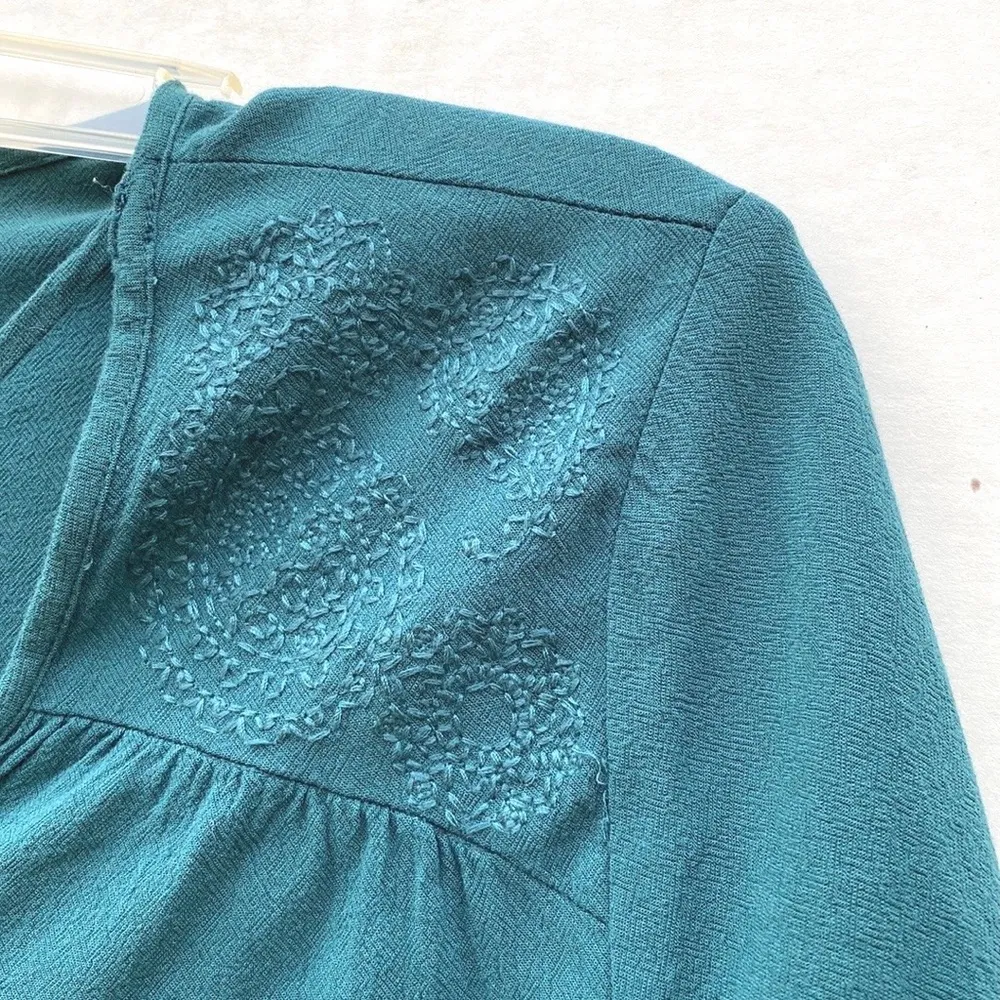 Miami Womens medium teal cross front long sleeve bubble hem embroidered top - Image 3