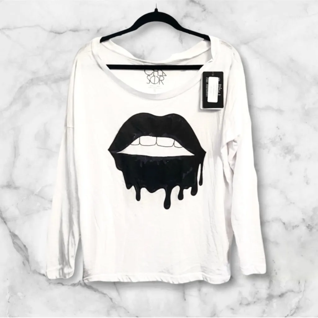 NWT Revolve × Chaser Drippy Black Lips White Long Sleeve Tee - Image 2