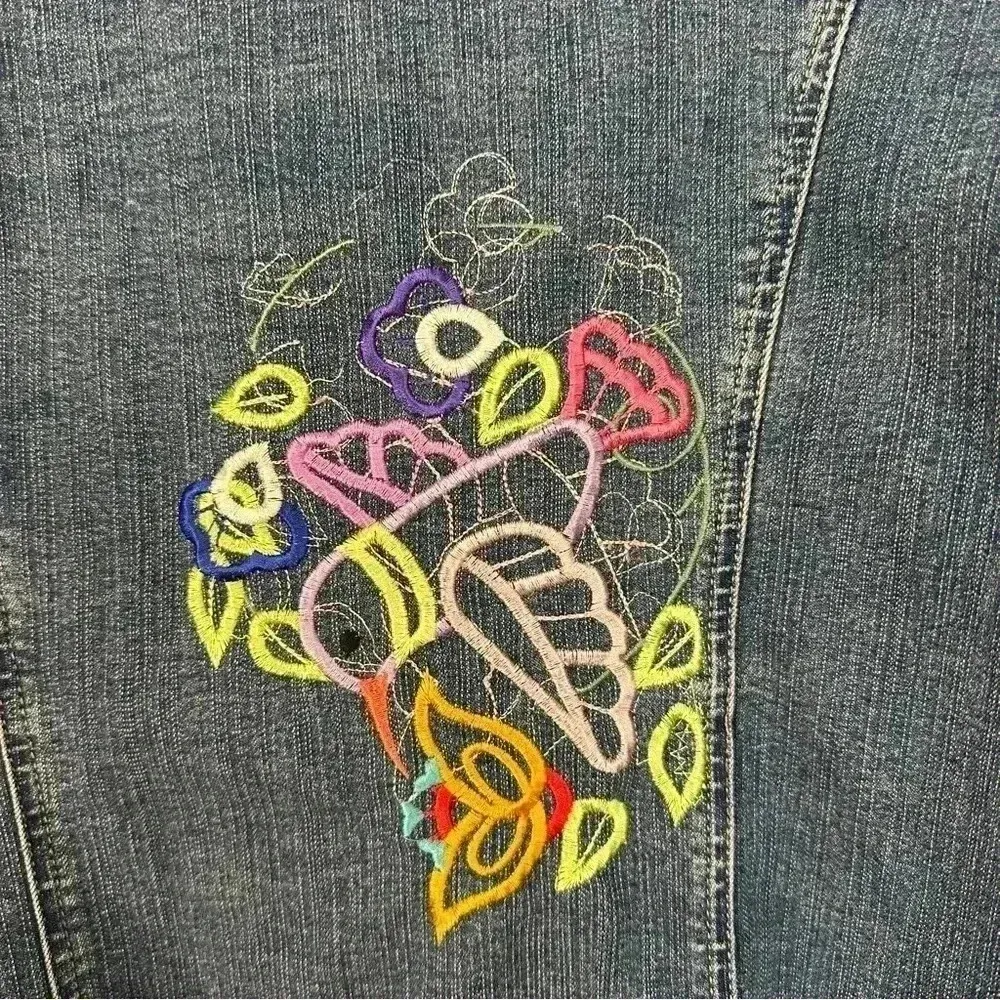 Christopher & Banks Denim Jacket Embroidered Stretch Womens Sz Large Snap Button - Image 10