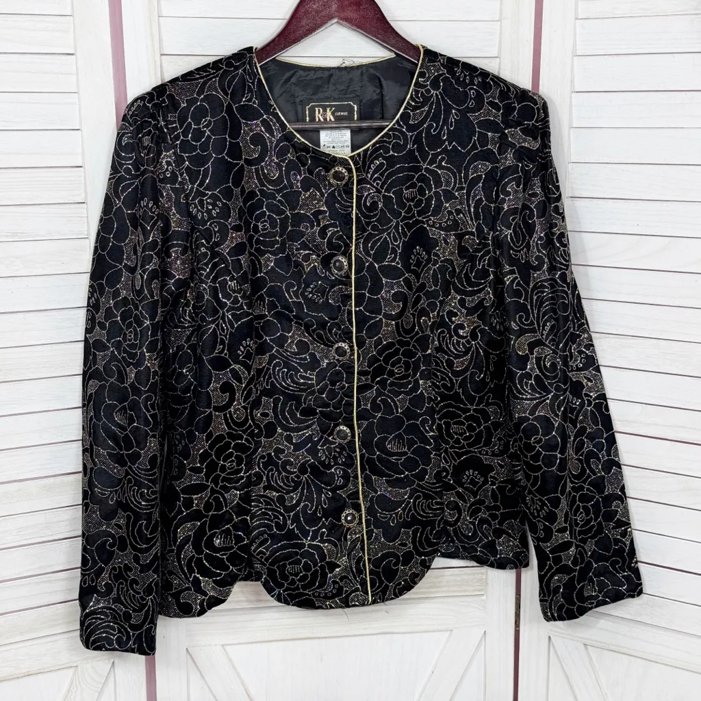 Vintage 80s R&K‎ Evening Floral Glitter Velvet Blazer Jacket Black Gold 14 - Image 7