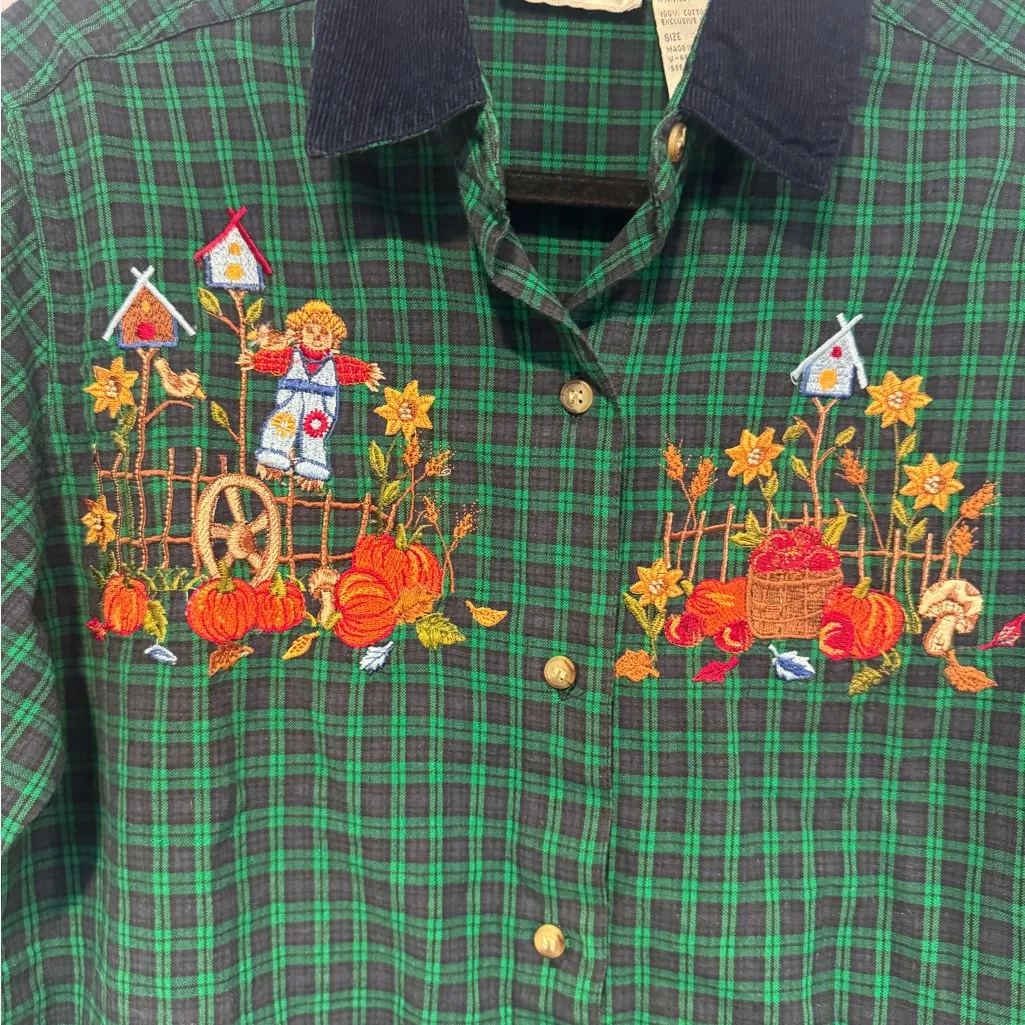 Vintage‎ Fall pumpkin patch embroidered plaid button down Green Size undefined - Image 2