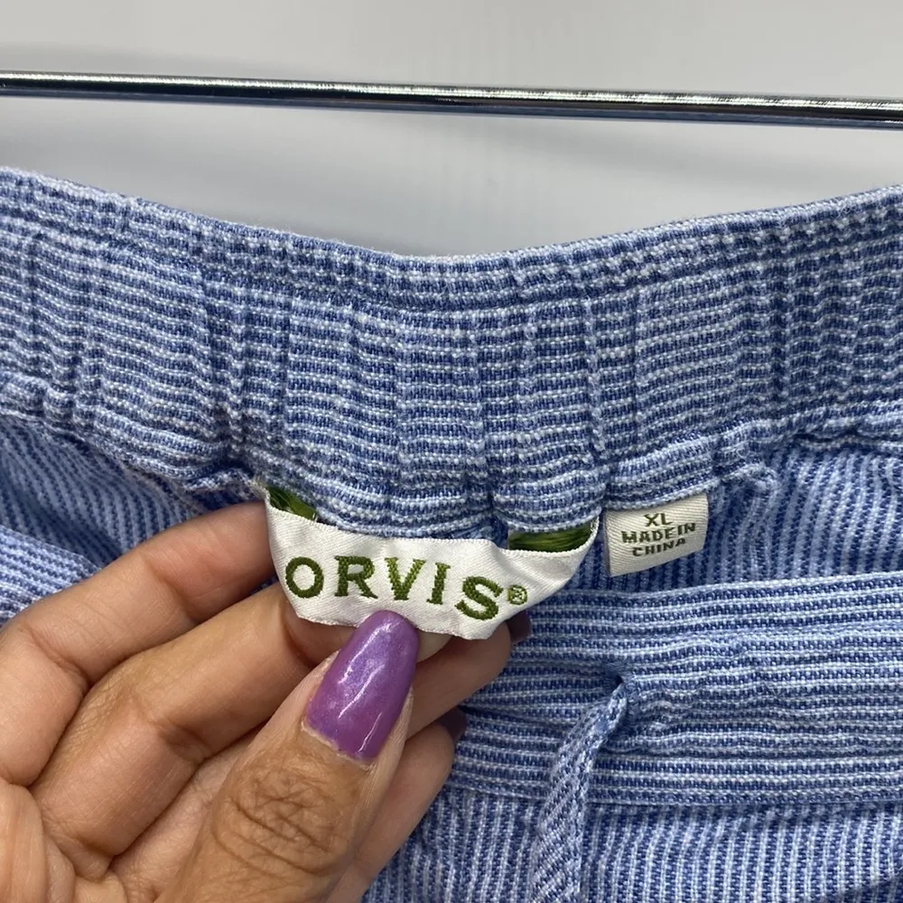 Orvis blue white linen draw string pockets cropped pants preppy lightweight - Image 5