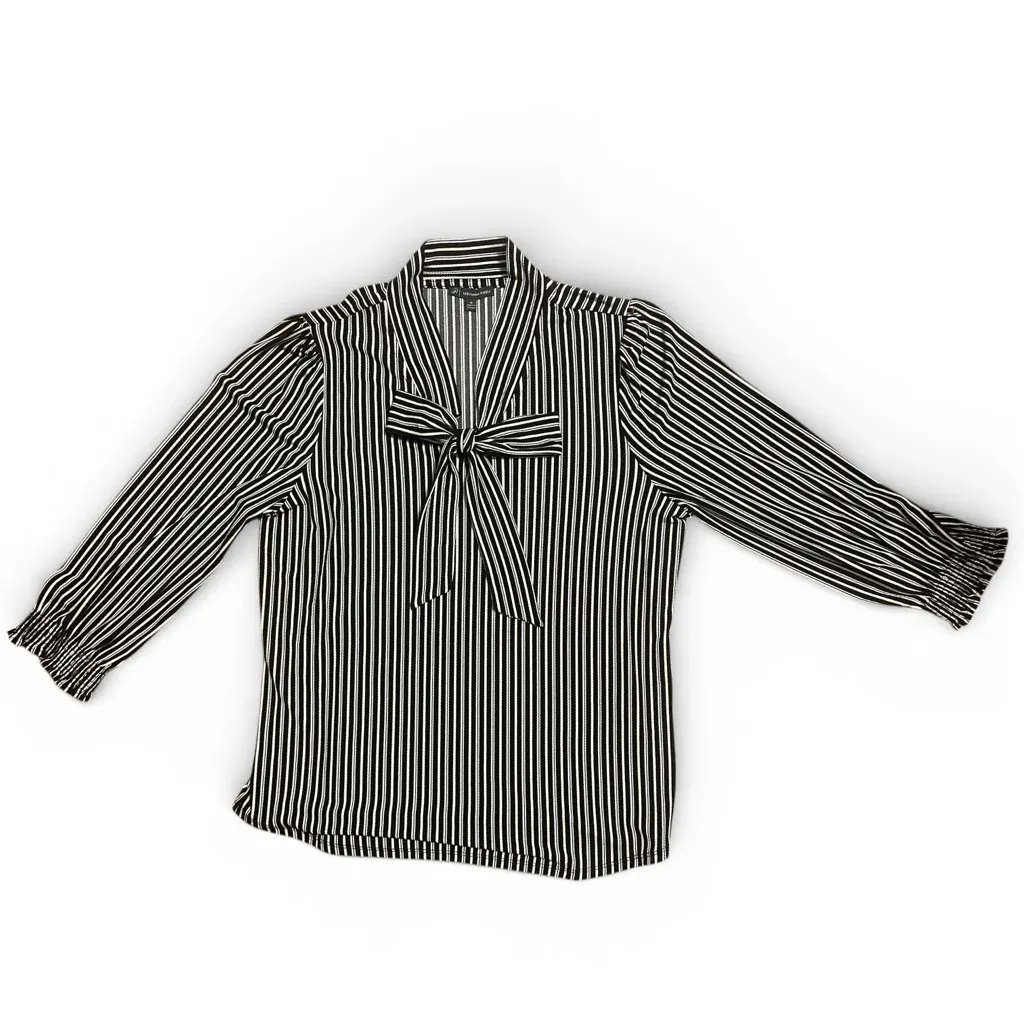 Adrianna Papell Black & White Pinstripe Tie-Neck Blouse | Size M - Image 3