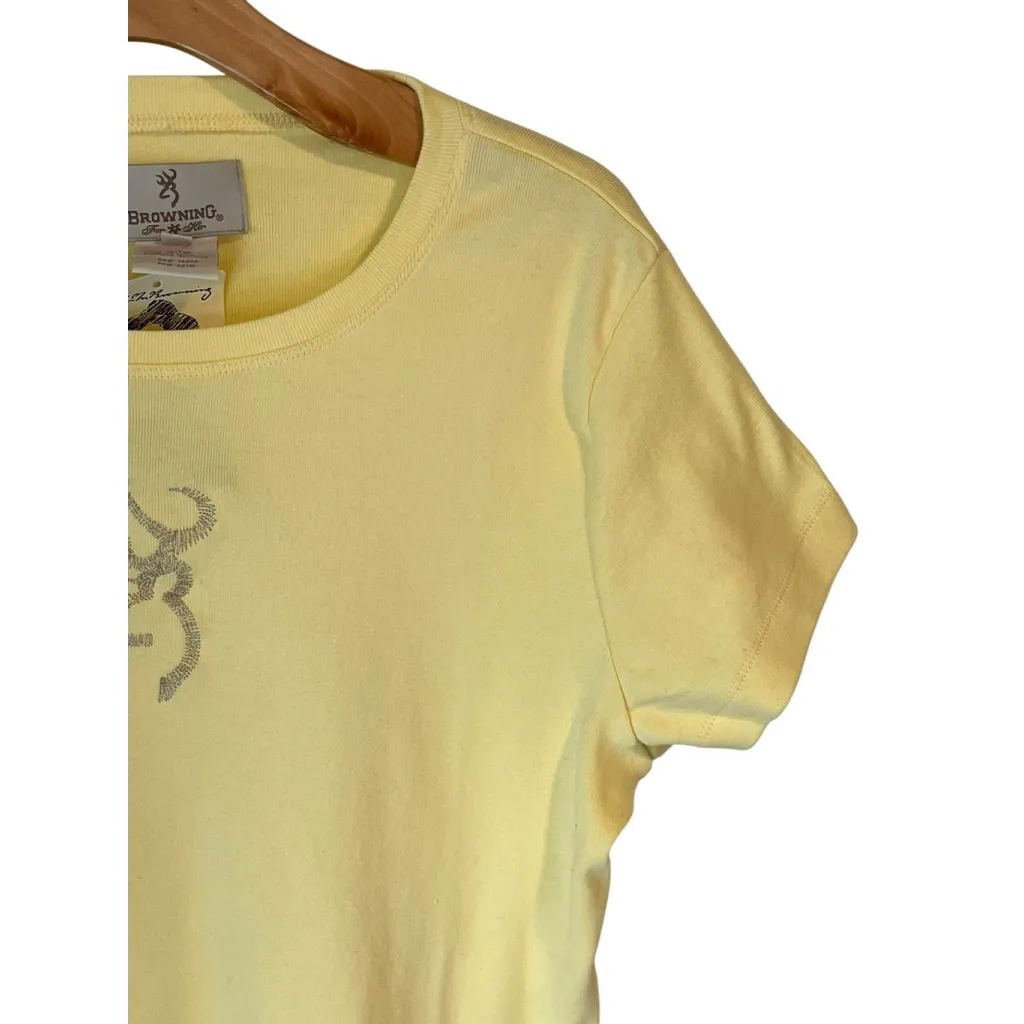 Browning Shirt Womens XL Yellow Short Sleeve Crew Neck Embrodered Deer Logo Top - Image 3