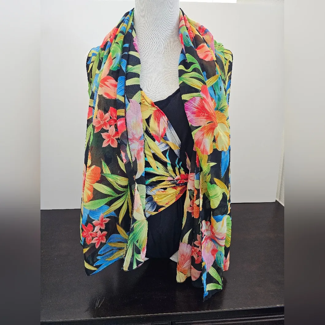 Your Best Look Tropical Floral Women's Swimsuit With Sarong Scarf Size 8 Black - Image 3