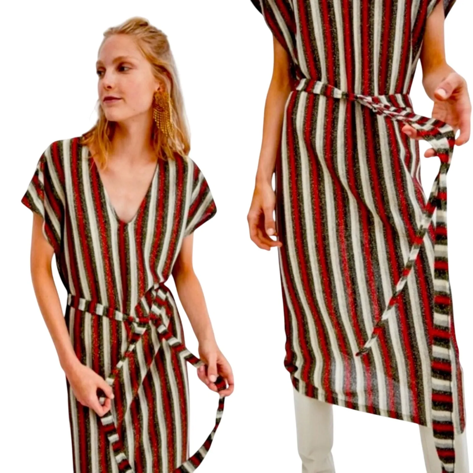 Zara Metallic Striped Belted Midi Dress V-Neck Size M - Image 16