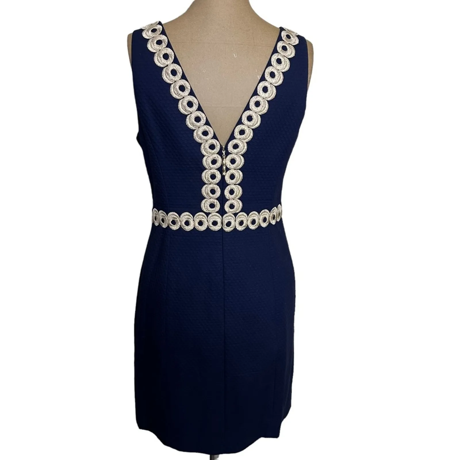 Lilly Pulitzer Mini Dress Gold Embroidered Trim Navy Blue Textured Cotton 0 - Image 7
