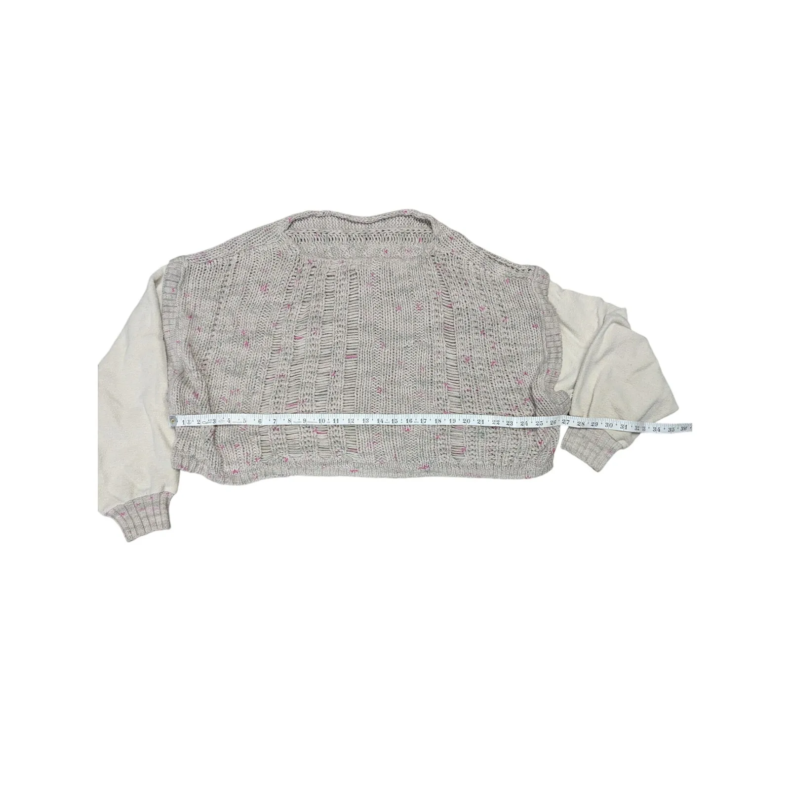 Free People Cropped Knit Sweater Top With Woven Long Sleeves Pink Detail - Image 4