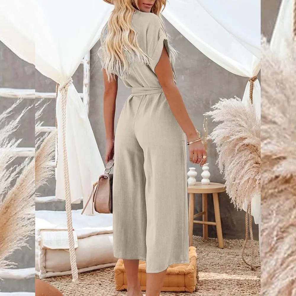Beige Linen Blend V Neck Button Front Jumpsuit Romper Size XL - Image 2