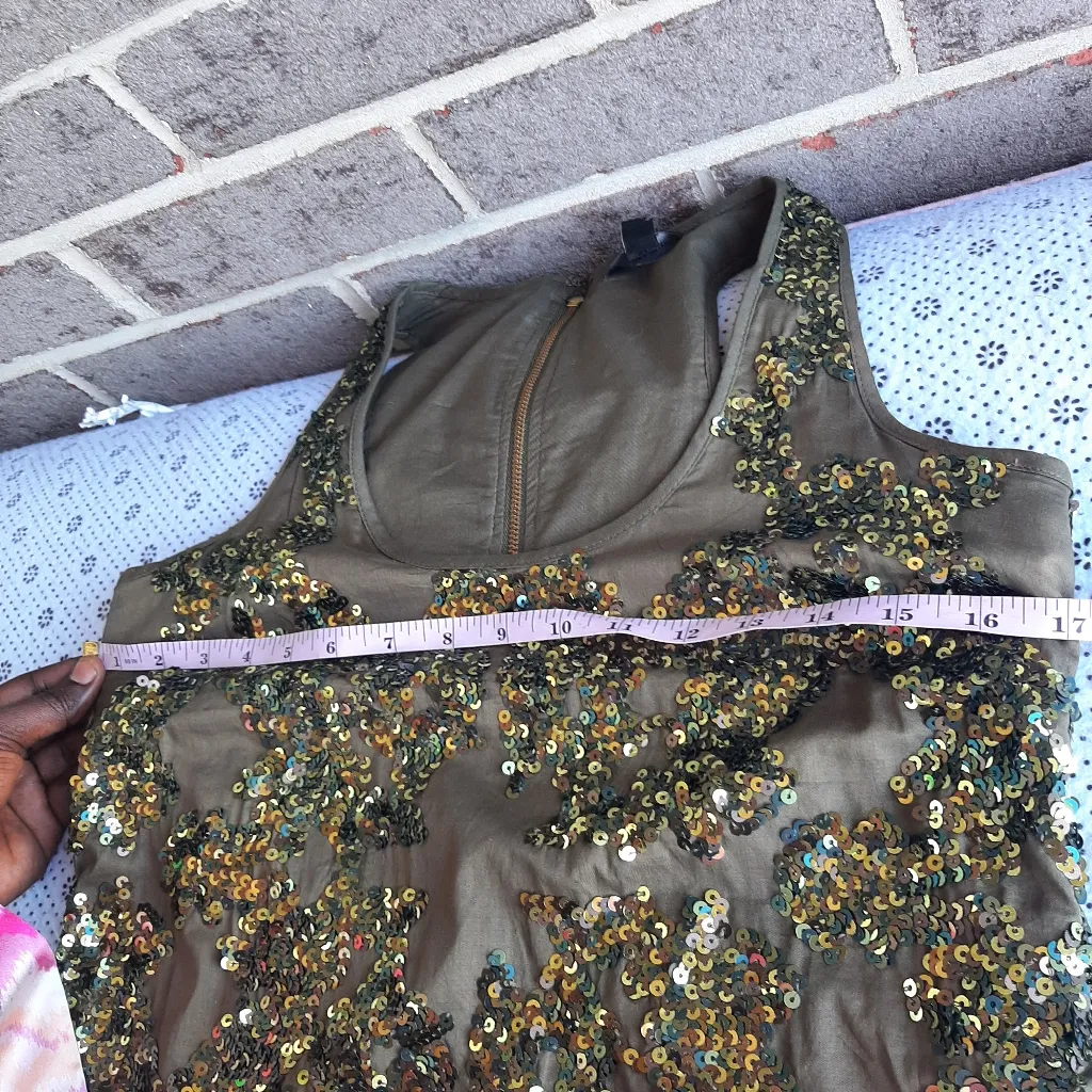 J.Crew Iridescent Sequin Shift Mini Dress Olive Green Size 00 100% Cotton - Image 6