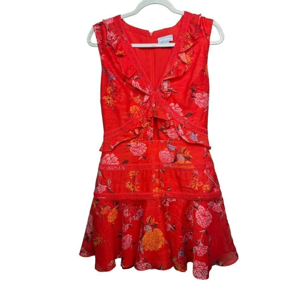 Finders Keepers Flicker Coral Red Floral Print Mini Dress Sz. M - Image 4