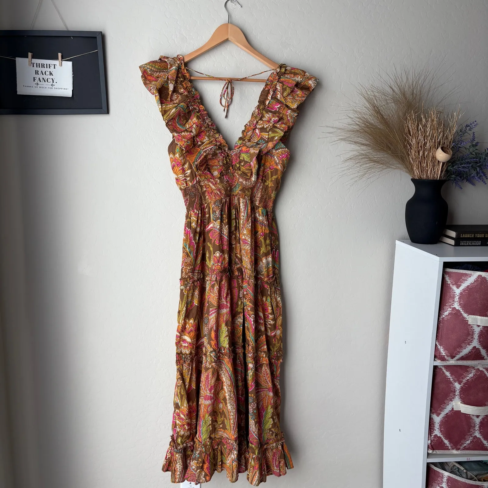 Love‎ The Label Dress Tiered Ruffle Cotton Topanga Maxi Dress Coral Print Size M Brown Size M - Image 6