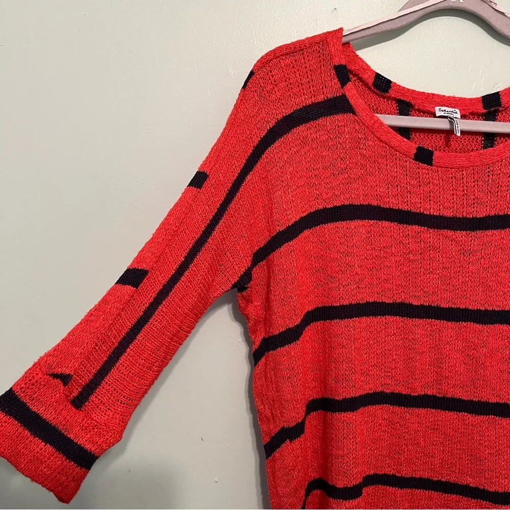 Splendid Sweater Orange & Navy Stripes Dolman Sleeves Pointelle Knit Sz XS EUC - Image 5