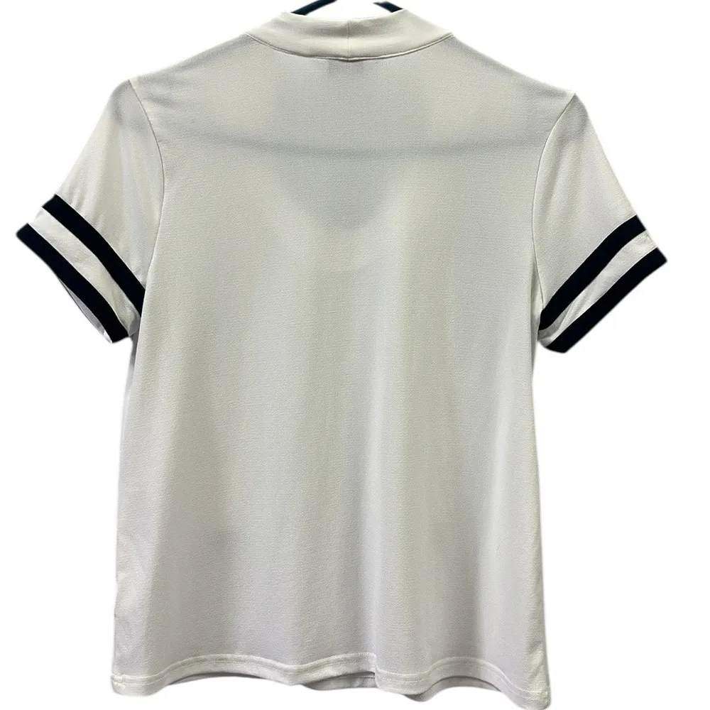 Liz Claiborne Vintage White with Navy Detail Tie Neck Short Sleeve Top Petite S - Image 11