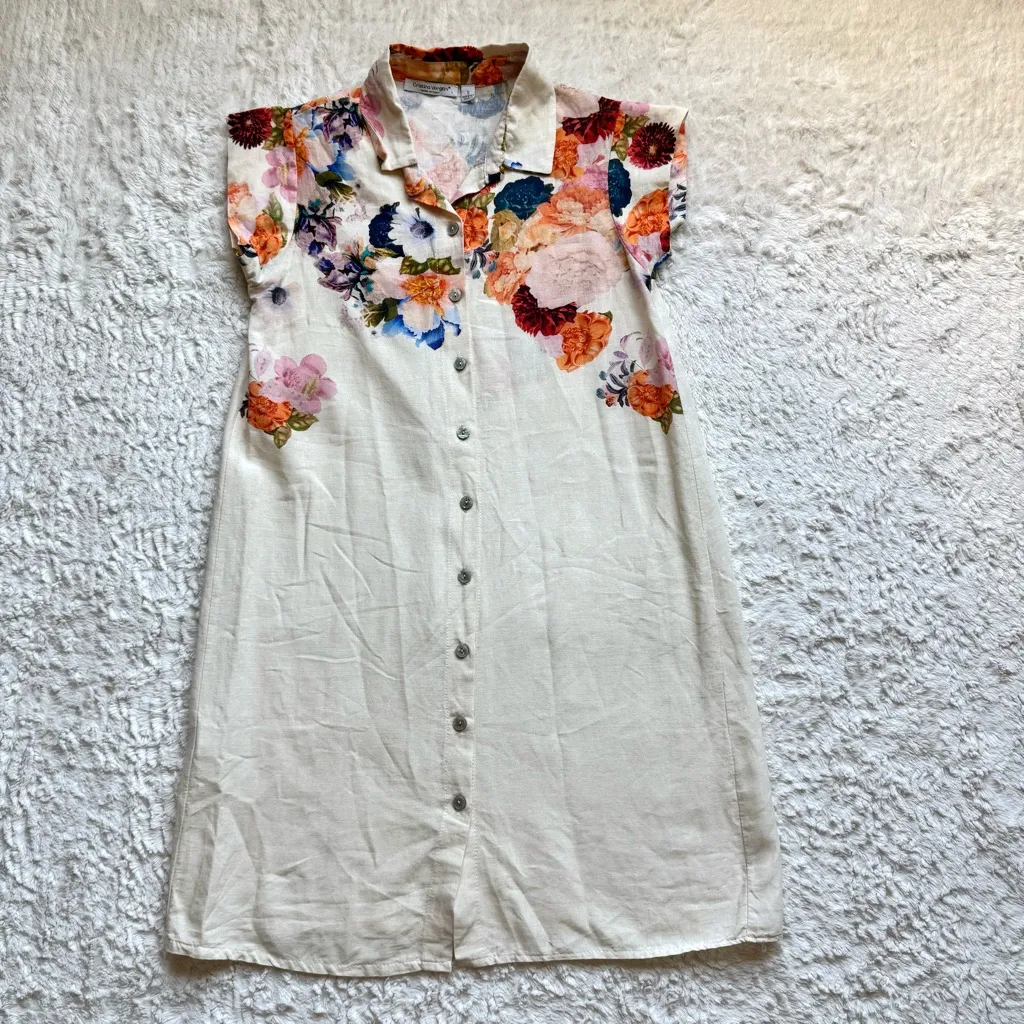 Cristina Vergani Italian Linen Shirt Dress S Beige Floral Button Down European Pink - Image 5