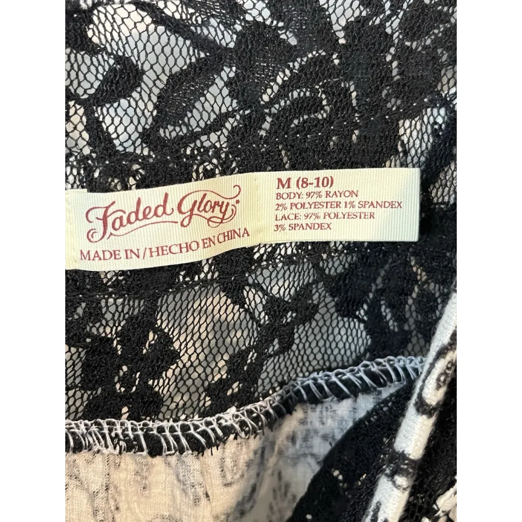 Faded Glory Blouse Womens Size M 8-10 Black White Floral Lace Trim Long Sleeve - Image 6