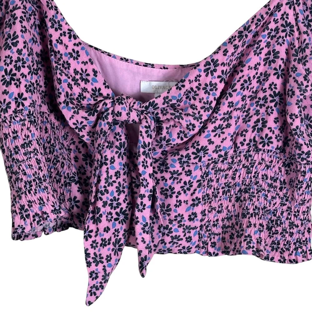 Olivaceous Crop Top Womens L Pink Floral Smocked Cut Out Tie Front Cottagecore - Image 2