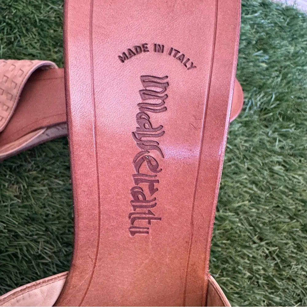 Vintage Maserati Woven Leather Wedge Sandals Made in Italy Tan Size 10 - Image 9
