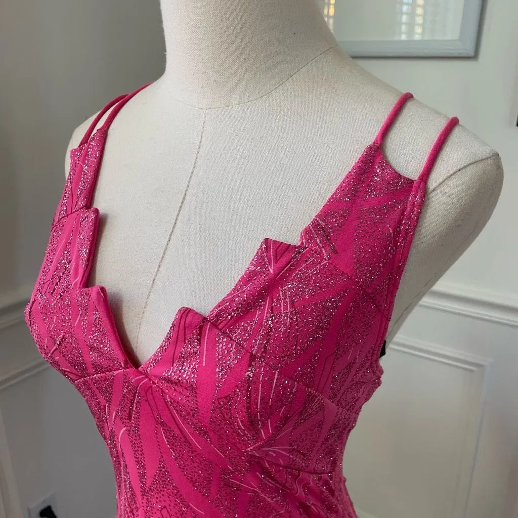 Vintage Y2K Ynes Stretchy BodyCon Mini Dress Bold Pink Glitter S - Image 9