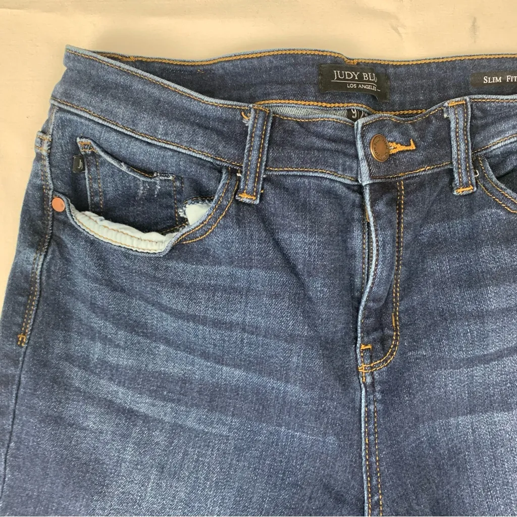Judy Blue size 9 29  Women's Blue Slim Fit Jeans denim dark wash raw hem high ri - Image 10