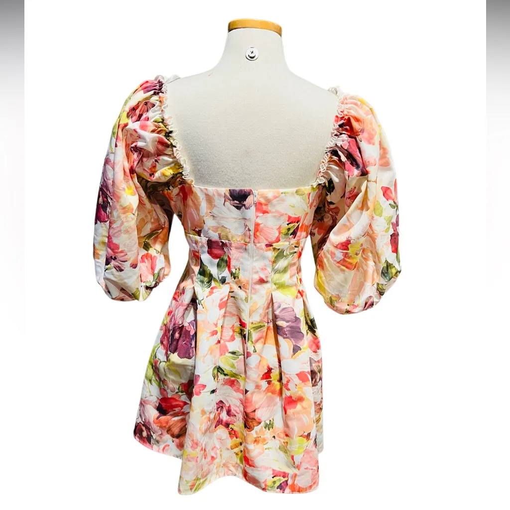 ASOS LUXE printed twisted front puff sleeve skater L dress in floral Size 12 NWT Pink - Image 7