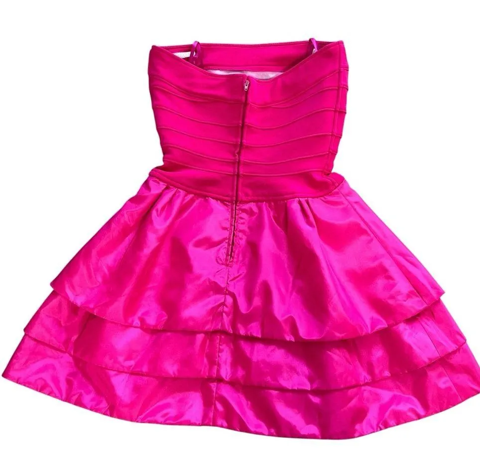 VTG 80s Tadashi Shoji Strapless Barbie Pink Mini Cocktail Dress Tiered USA Sz XS - Image 5