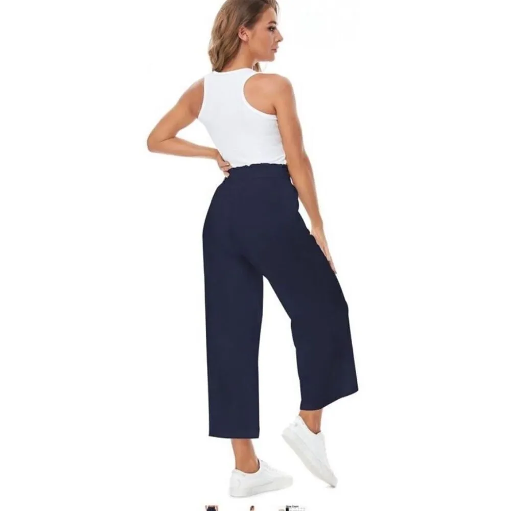 NEW Linen Wide Leg High Waisted Drawstring Pants Pockets S Blue - Image 6