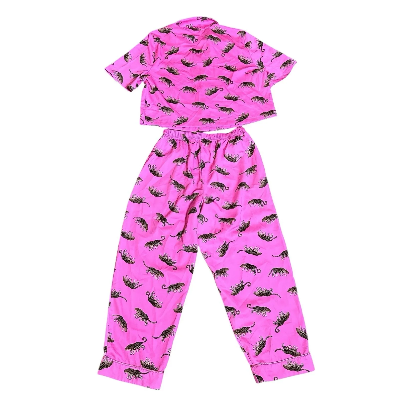 Fabletics EcoSatin Pink Leopard Print Pajama Set Crop Pant Button Down Top Sz S - Image 8