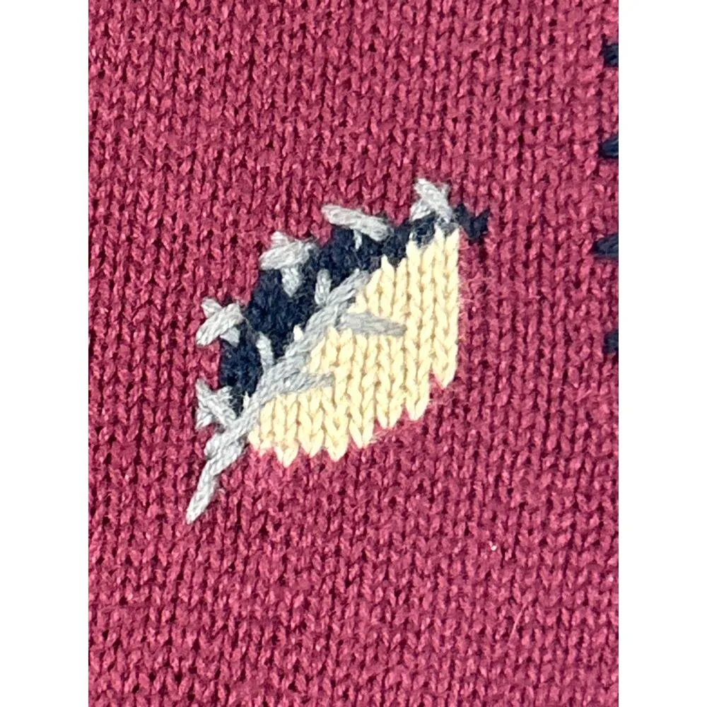 VTG Sweater Vest Large Burgundy Leaves Plaid Fall Blanket Stitch Mountain Lake Red - Image 5