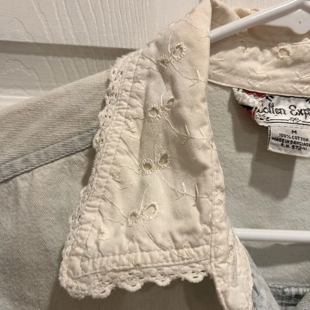 VTG Cotton Express Sleeveless Button Down Denim Shirt Women Medium White Lace - Image 4