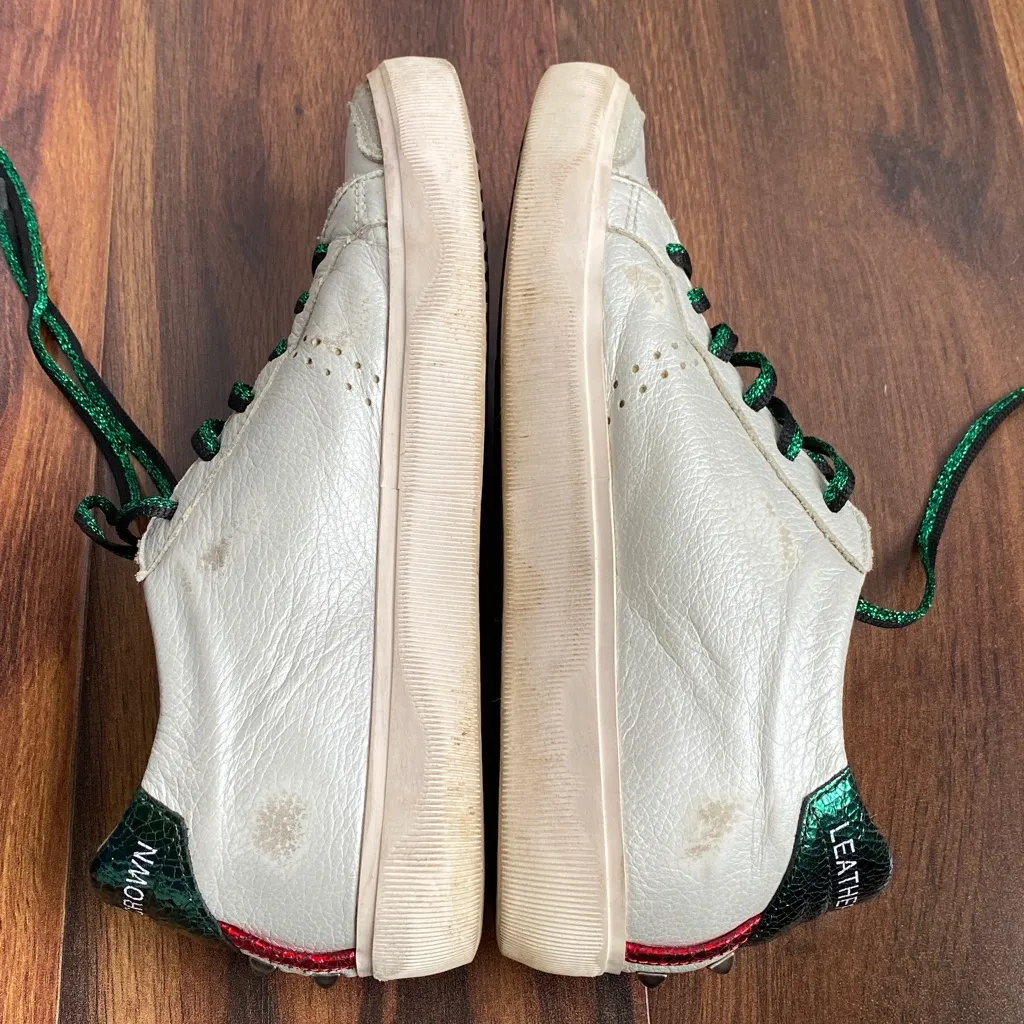 Leather Crown Distressed Low Studded Sneaker Glitter Green and Red Italy 2009 White Size 6 - Image 9