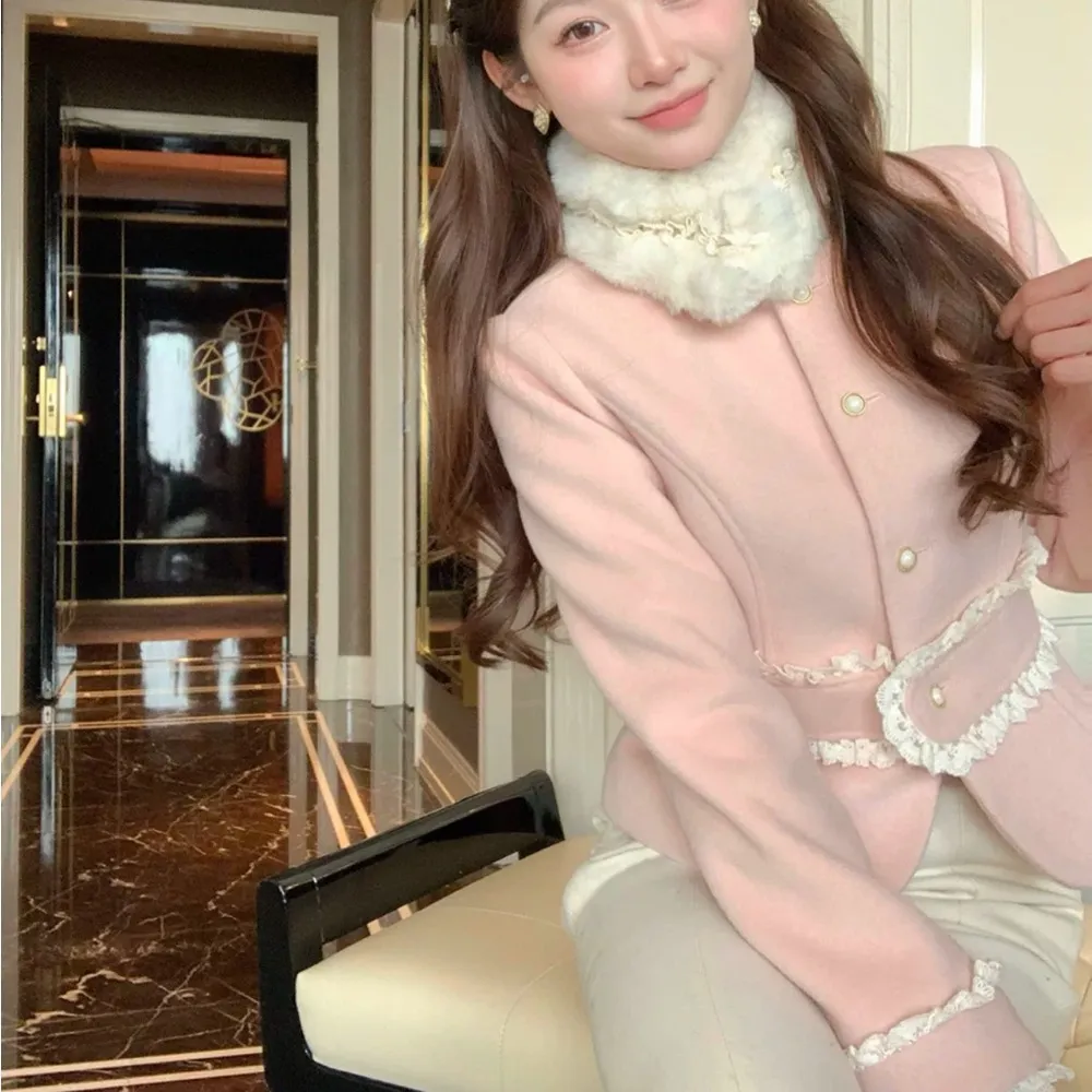 Japanese Kawaii Pastel Pink Wool White Ruffle Thick Winter Blazer Coat Jacket Size XS - Image 3