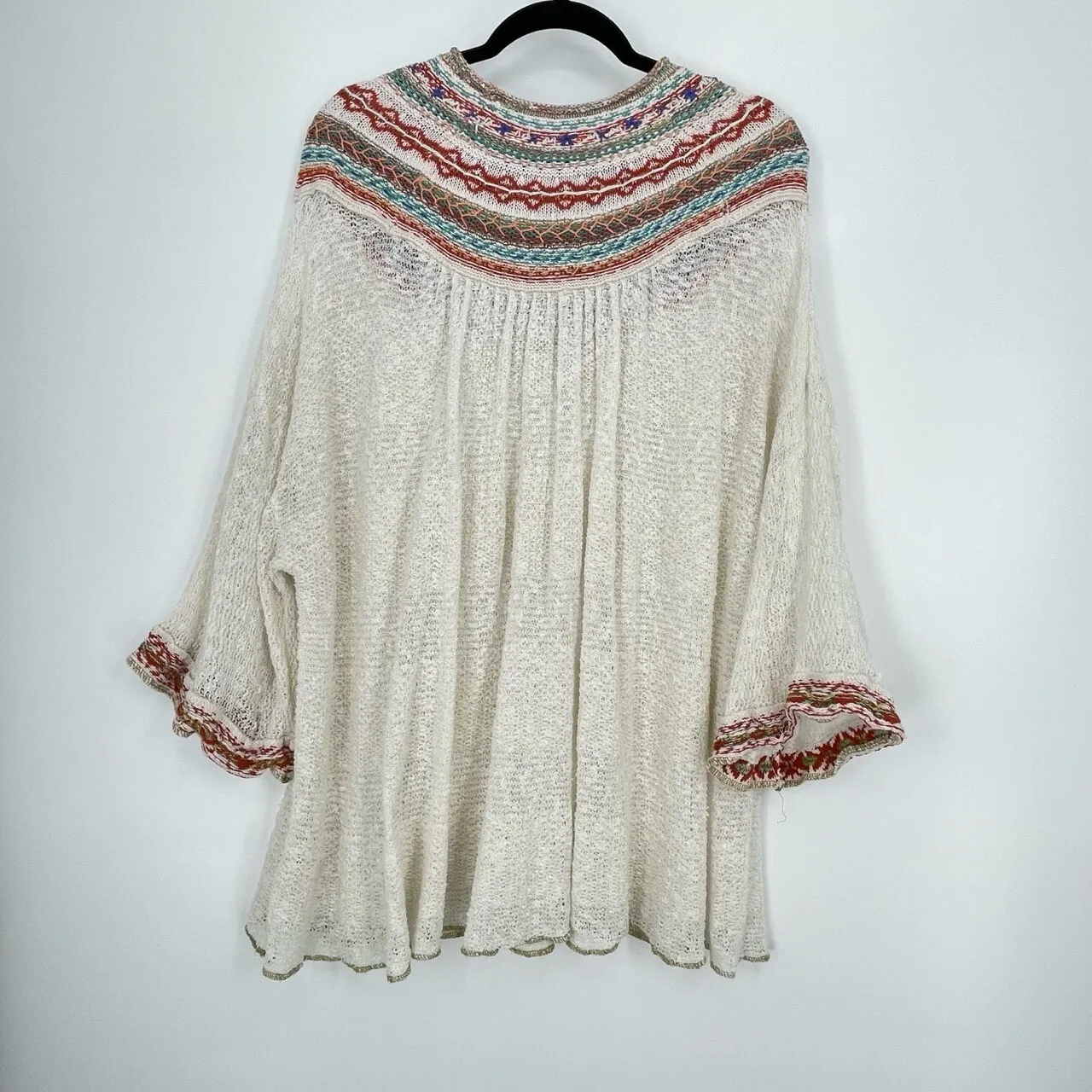 Free People Embroidered Knit Tunic Top Cream Multi Color Bell Sleeve Boho Size S - Image 9